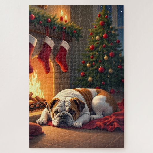 Bulldog by the Fireplace Christmas Painting Puzzle (Vertikal)