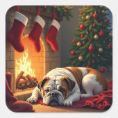 Bulldog by the Fireplace Christmas Painting Quadratischer Aufkleber (Vorderseite)