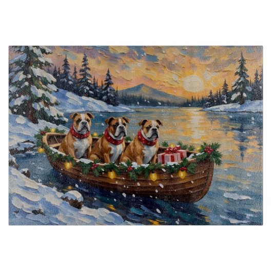 Bulldog Christmas Boat Holiday Schneidebrett (Vorderseite)