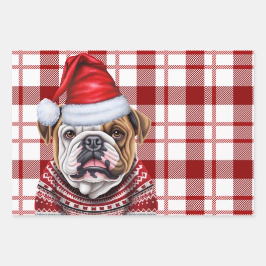 Bulldog Christmas Dog Red White Kariert Geschenkpapier Set (Vorderseite 3)