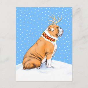 Bulldog Christmas Reindeer Red & White Feiertagspostkarte