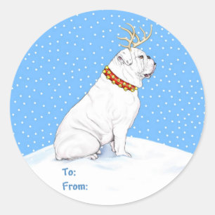 Bulldog Christmas Reindeer White Runder Aufkleber