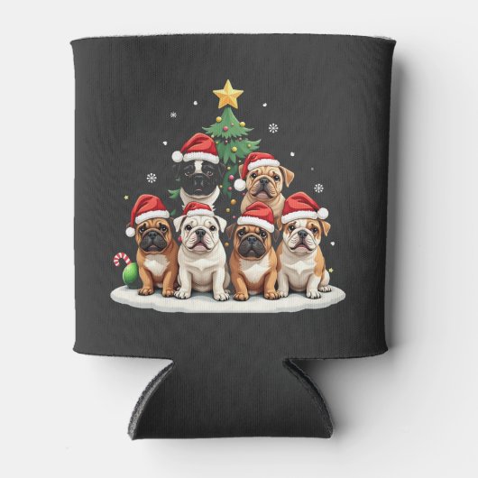 Bulldog Christmas Tree Weihnachtsmannmütze Welpe L Dosenkühler (Vorderseite)