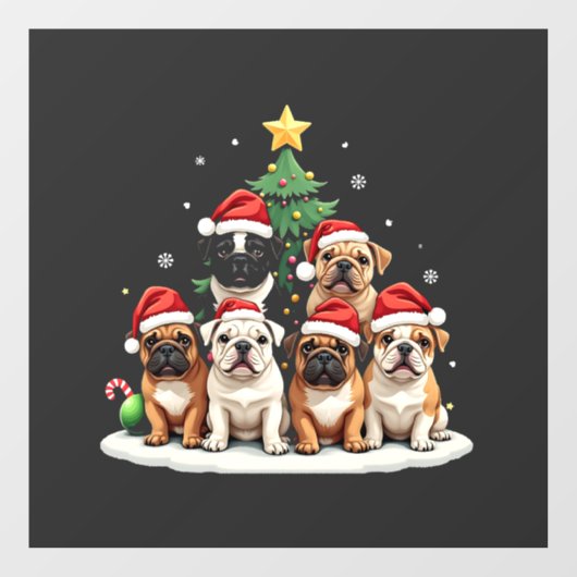 Bulldog Christmas Tree Weihnachtsmannmütze Welpe L Fensteraufkleber (Blatt)