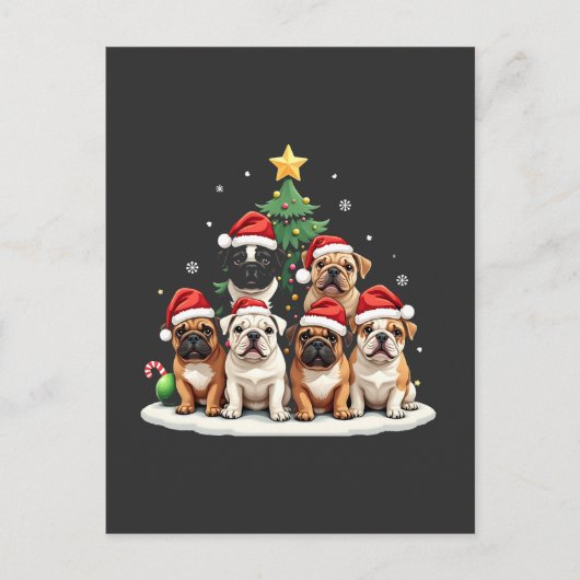 Bulldog Christmas Tree Weihnachtsmannmütze Welpe L Postkarte (Vorderseite)