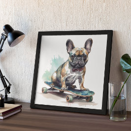 Bulldog, der auf Skateboard sitzt Poster