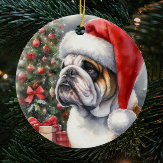 Bulldog, der eine Weihnachtsmannmütze Weihnachten  Keramik Ornament