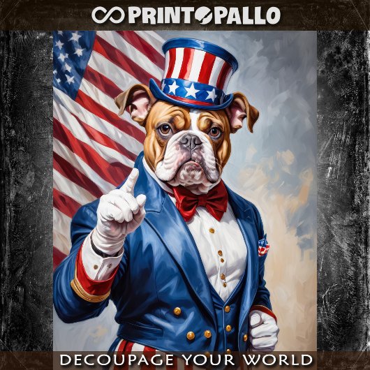 Bulldog, der wie Uncle Sam mit US-Flagge gekleidet Seidenpapier