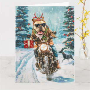 Bulldog fährt Motorrad Weihnachten Karte