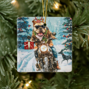 Bulldog fährt Motorrad Weihnachten Keramikornament