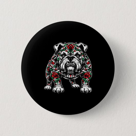 Bulldog Floral Red Rose Mens Womens  Button (Vorderseite)