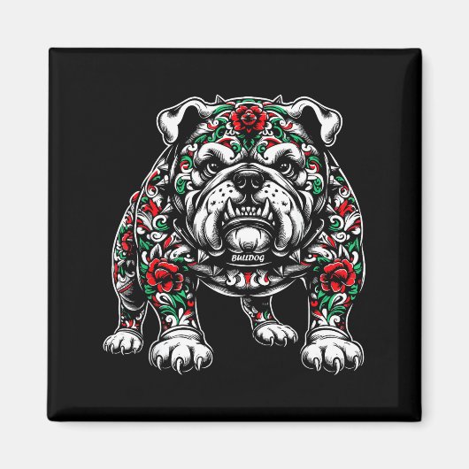 Bulldog Floral Red Rose Mens Womens  Magnet (Vorne)