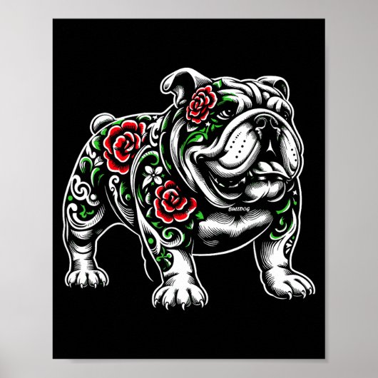 Bulldog Floral Red Rose Mens Womens  Poster (Vorne)