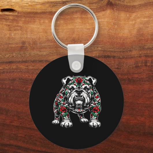 Bulldog Floral Red Rose Mens Womens Schlüsselanhänger (Vorderseite)