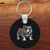 Bulldog Floral Red Rose Mens Womens Schlüsselanhänger (Vorderseite)