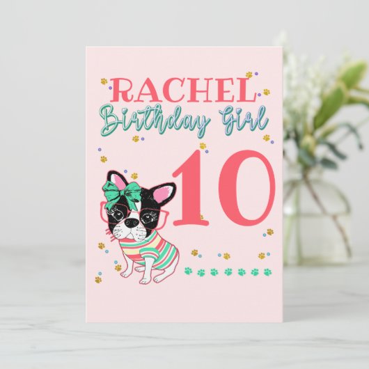 Bulldog Frenchie Birthday Girl Einladung (Stehend Vorderseite)