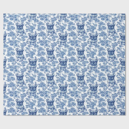Bulldog Frenchie Blue Toile Muster Geschenkpapier (Flach)