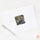 Bulldog "Frenchie Dog on Motorrad Sticker" Quadratischer Aufkleber (Umschlag)