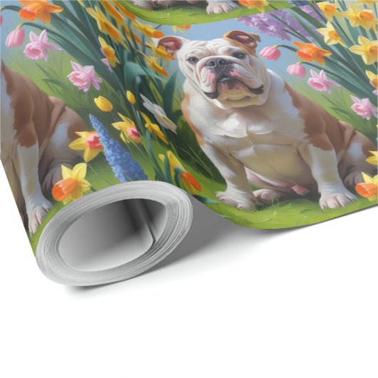 Bulldog-Frühlingsblumen Geschenkpapier (Rolleneckpunkt)