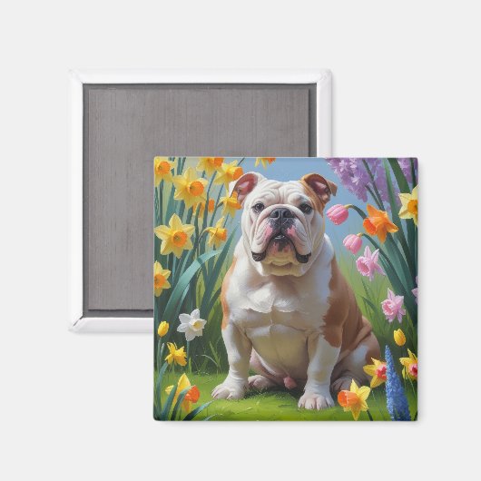 Bulldog-Frühlingsblumen Magnet (Vorderseite/Rückseite)