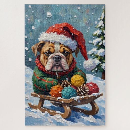Bulldog Grumpy Rider in Christmas Sled Hat Puzzle (Vertikal)