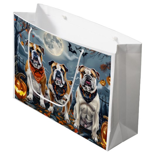 Bulldog Halloween Spooky Große Geschenktüte (Vorderseite Schrägansicht)