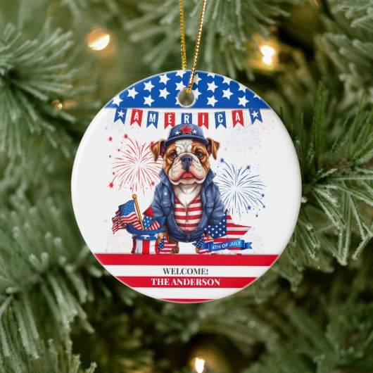 Bulldog Happy 4. Juli America Independence Day Keramik Ornament (Baum)