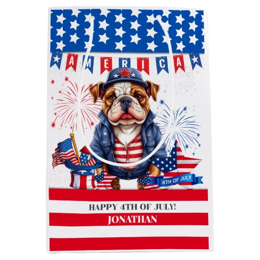 Bulldog Happy 4. Juli America Independence Day Mittlere Geschenktüte (Vorderseite)