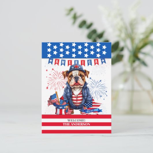 Bulldog Happy 4. Juli America Independence Day Postkarte (Stehend Vorderseite)