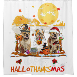 Bulldog Happy Hallothanksmas Halloween Thanksgivin Duschvorhang