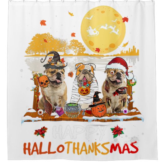 Bulldog Happy Hallothanksmas Halloween Thanksgivin Duschvorhang (Vorderseite)