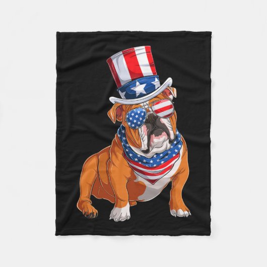 Bulldog Hund 4. Juli Amerikanische Flagge Fleecedecke (Vorderseite)