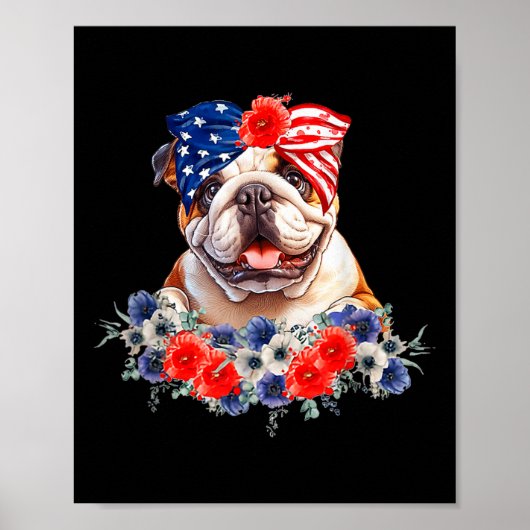 Bulldog Hund Bandana American Flag 4. Juli Poster (Vorne)