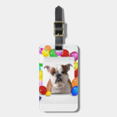 Bulldog Hund mit bunten Balloons Geburtstag Thema Gepäckanhänger (Vorderseite vertikal)