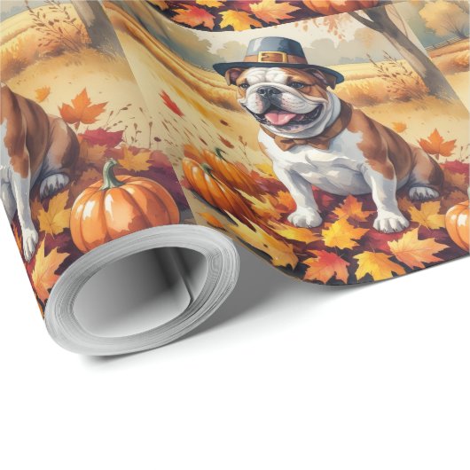 Bulldog im Herbst hinterlässt Erntedank Kunst Geschenkpapier (Rolleneckpunkt)