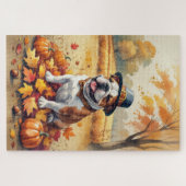 Bulldog im Herbst hinterlässt Erntedank Kunst Puzzle (Horizontal)