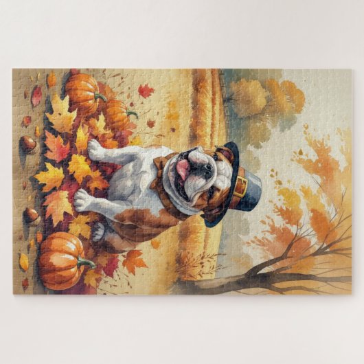 Bulldog im Herbst hinterlässt Erntedank Kunst Puzzle (Horizontal)