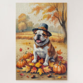 Bulldog im Herbst hinterlässt Erntedank Kunst Puzzle (Vertikal)
