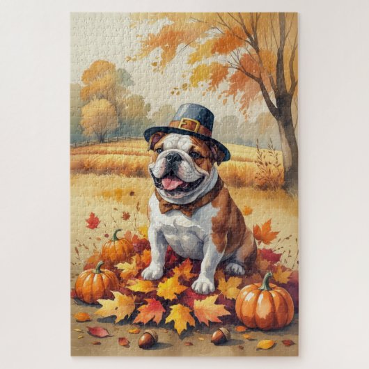 Bulldog im Herbst hinterlässt Erntedank Kunst Puzzle (Vertikal)