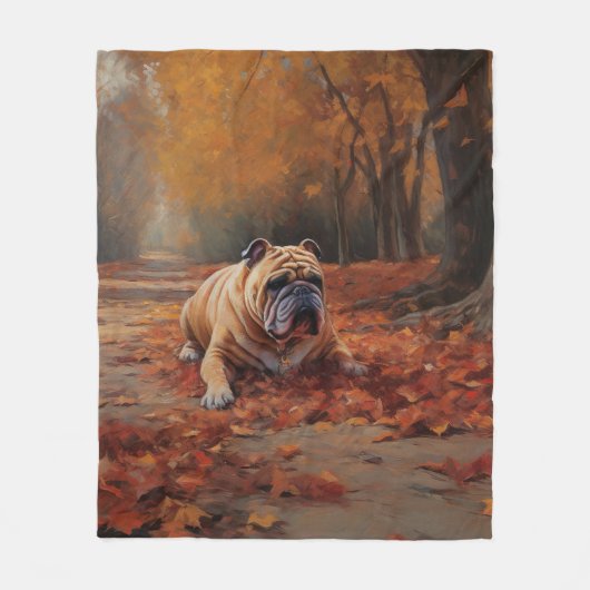 Bulldog im Herbst Leaves Fall Inspiriert Fleecedecke (Vorderseite)