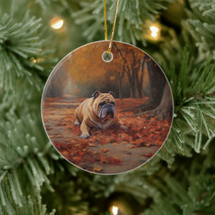 Bulldog im Herbst Leaves Fall Inspiriert Keramik Ornament