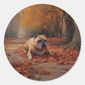 Bulldog im Herbst Leaves Fall Inspiriert Runder Aufkleber (Vorderseite)