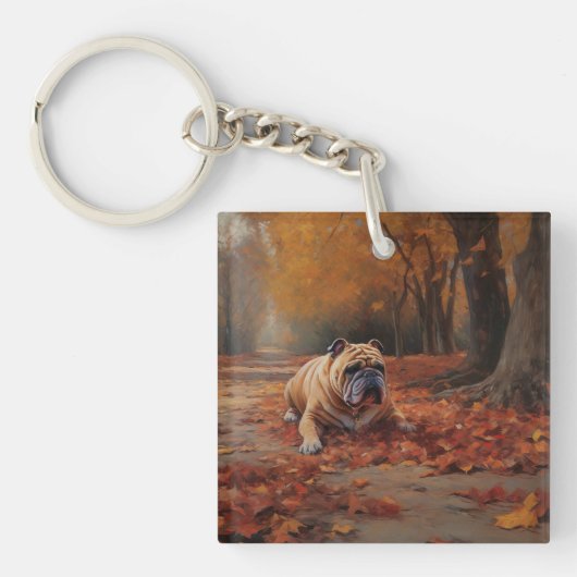 Bulldog im Herbst Leaves Fall Inspiriert Schlüsselanhänger (Vorderseite)