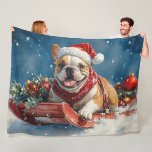 Bulldog im Schlitten Lass es schneien Weihnachten Fleecedecke