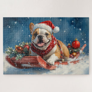 Bulldog im Schlitten Lass es schneien Weihnachten Puzzle