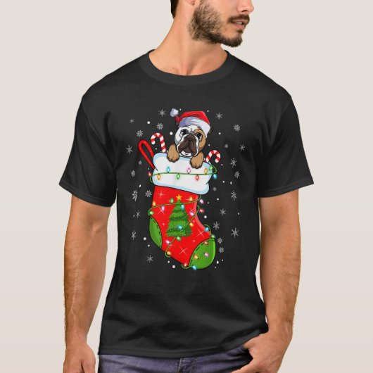 Bulldog in Christmas Socken Lights Xmas T-Shirt (Vorderseite)