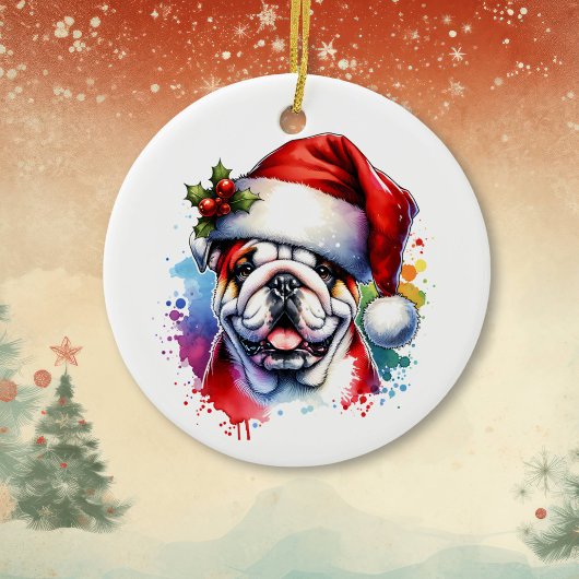 Bulldog in der Weihnachtsmannmütze Personalisiert  Keramik Ornament
