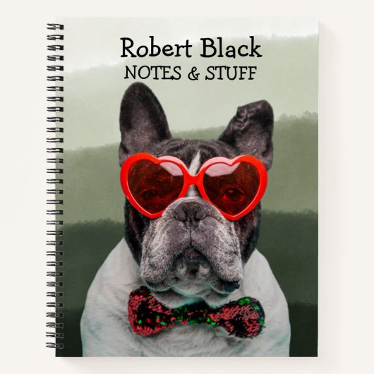 Bulldog in Herzbrille und Bugs-Krawatte-Notebook Notizblock (Vorderseite)