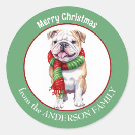 Bulldog in Red and Green Christmas Scarf Runder Aufkleber