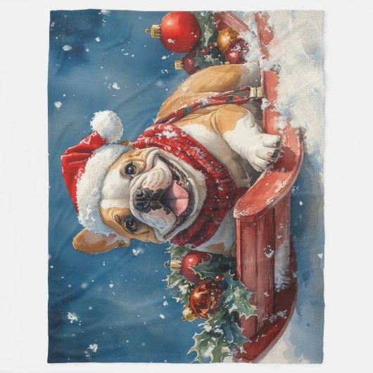 Bulldog in Sledge Lass es Schnee Weihnachten Fleecedecke (Vorderseite)
